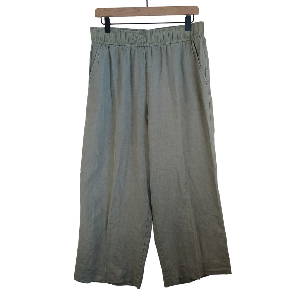 Tahari Essential Womens Sage‎ Green 100% Linen Wide Leg Elastic Waist Pants L